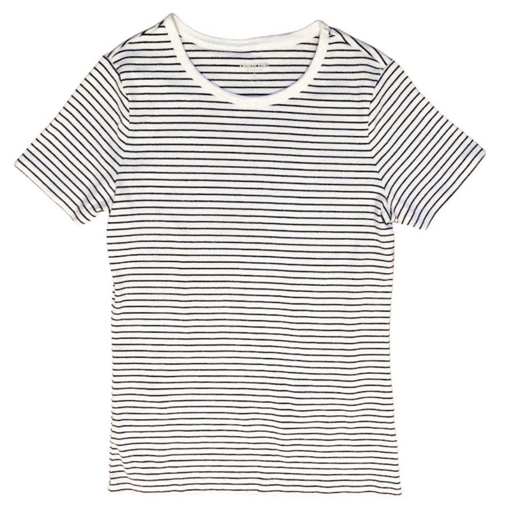 Lands’ End Shaped Fit White & Black Striped Short Sleeve Tee Shirt 100% Cotton S